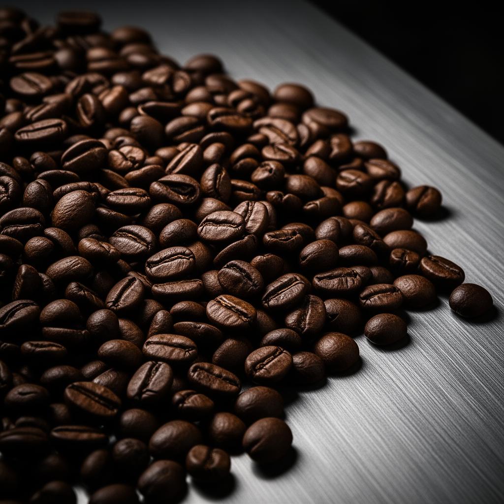 Macro high-contrast shot of roasted coffee beans spilling over a brushed metal surface