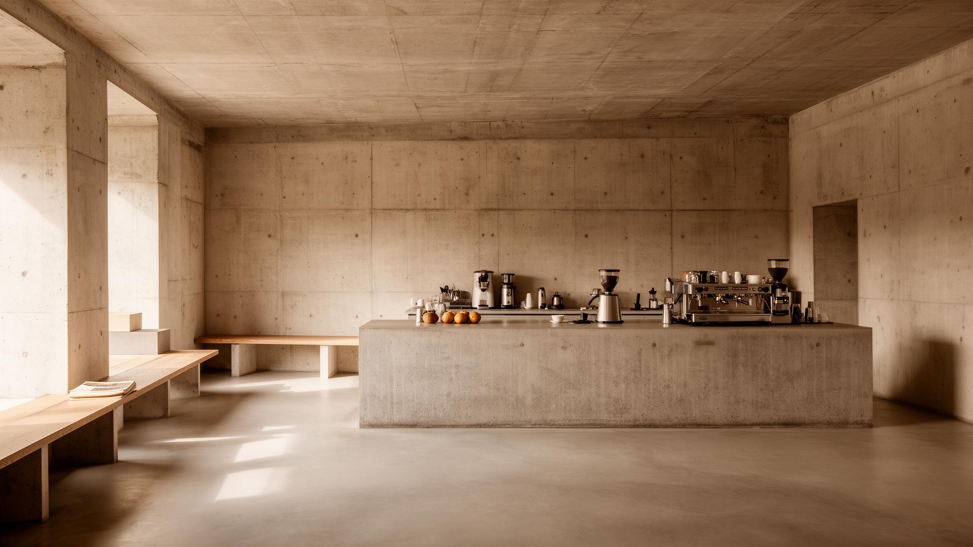The minimalist brutalist concrete coffee bar at Tastology in soft natural light