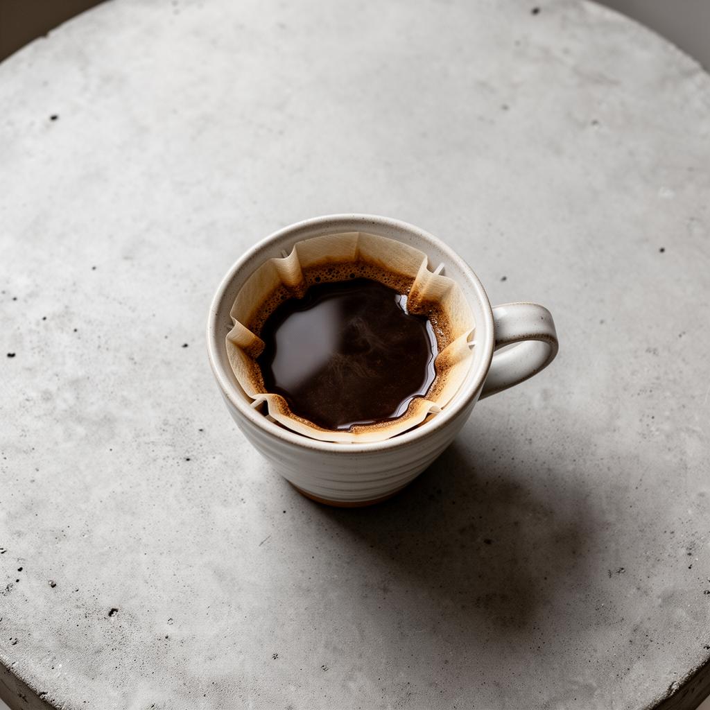 A single origin pour-over coffee in a ceramic cup on a concrete table